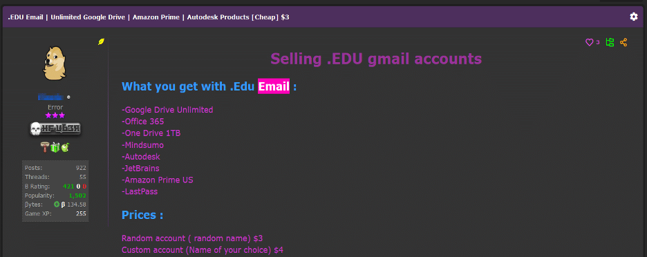 User selling academic email addresses