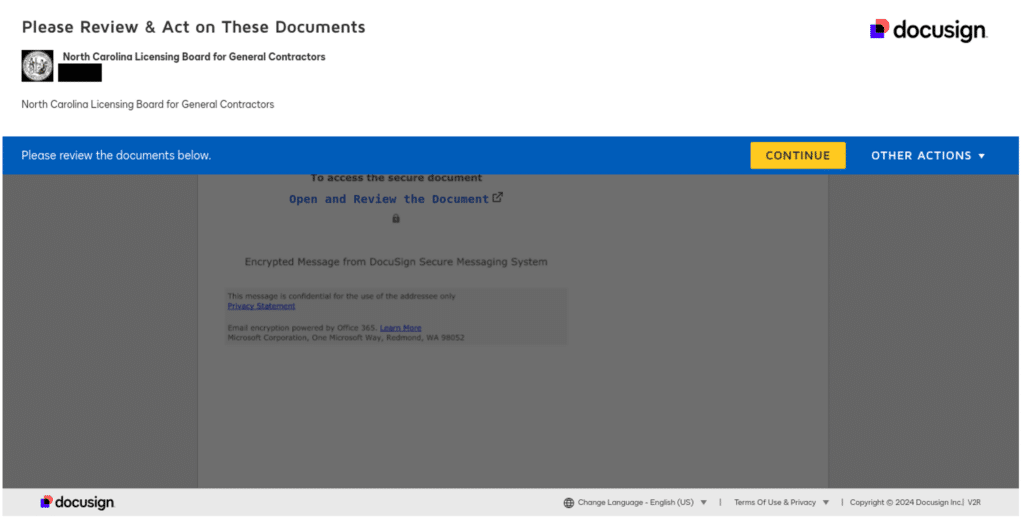 North Carolina Licensing Board for General Contractors Docusign impersonation example