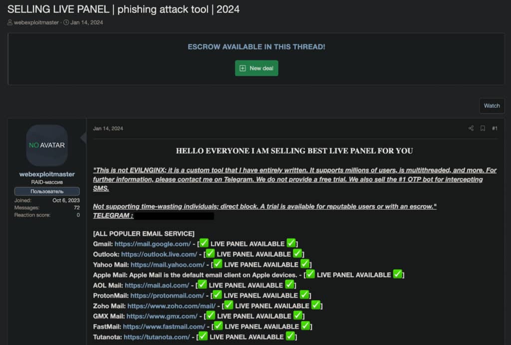 Selling Live Panel is a ready-made phishing attack tool
